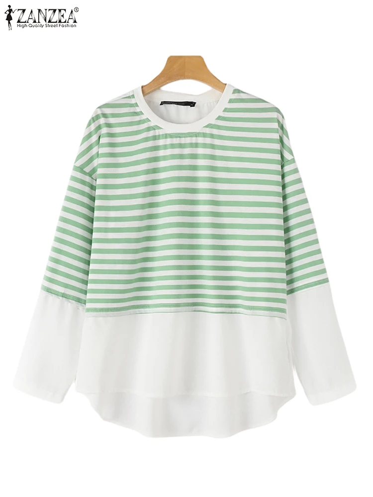 Zanzea feminino listra impresso blusas casuais solto manga longa topos elegante o pescoço simples blusa moda costura 2024 outono t
