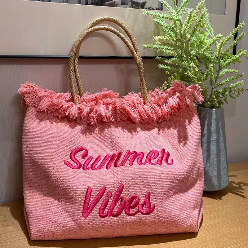 Pink Summer Vibes Canvas Rope Tote Beach Bag Women with Tassel Side