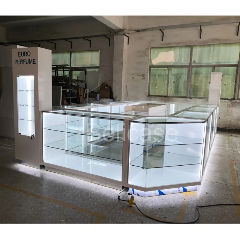 Custom, Commercial Shopping Mall Cosmetic Display Kiosk Luxury Design Glass Showcase Cabinet Display Kiosk for Perfume