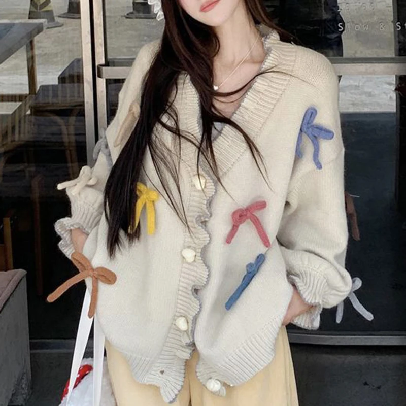 Sweet 3D Bow Knitted Cardigan Women Casual Loose Love Buttons Balloon Sleeve Sweater Lazy Wind Ruffles Female Knitwear Outwear
