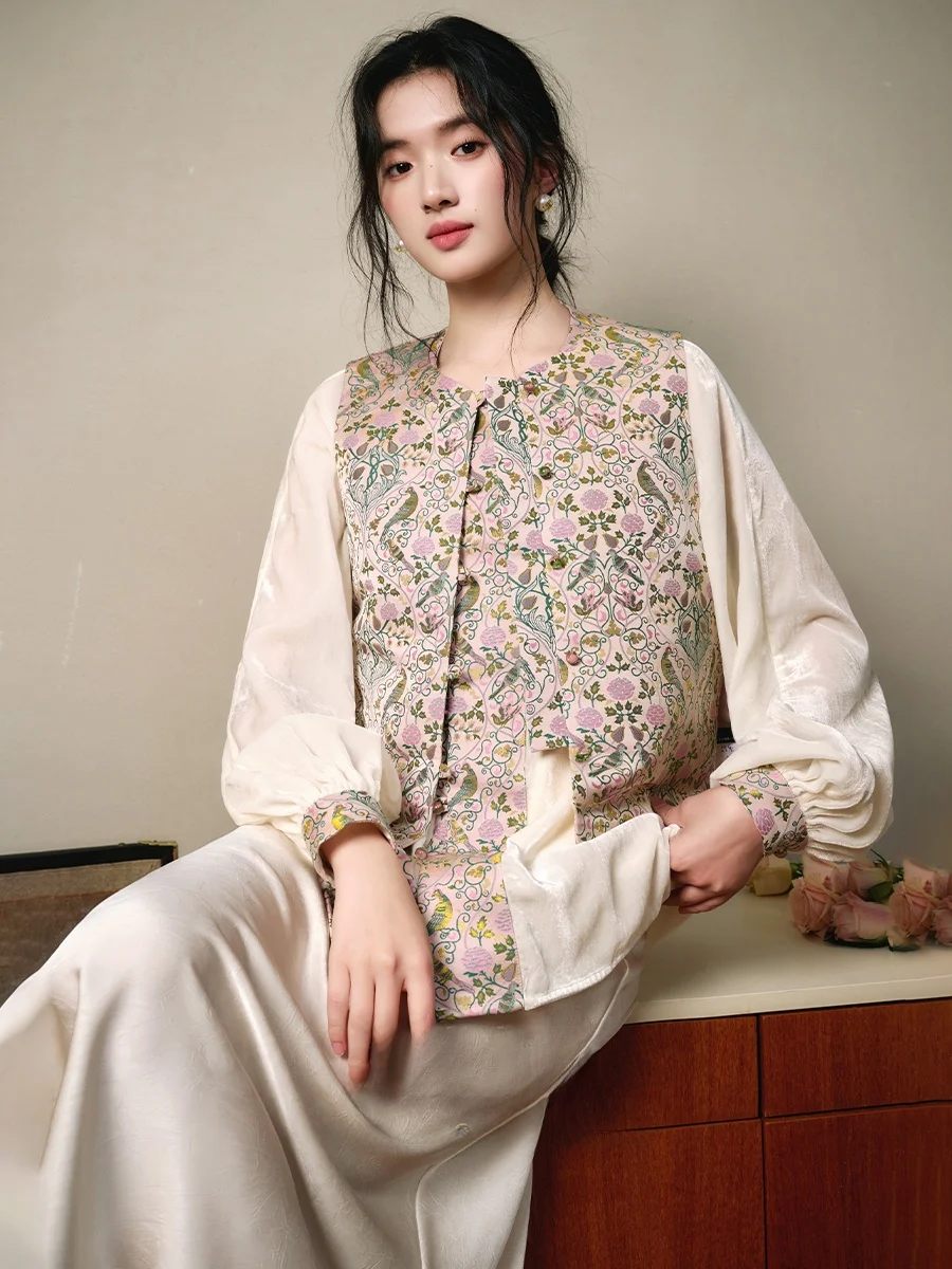 

Double Quail Branch Embroidered National Sle Vest Spring New Arrival Premium Feel Button up Chinese Faion Women's Jaet