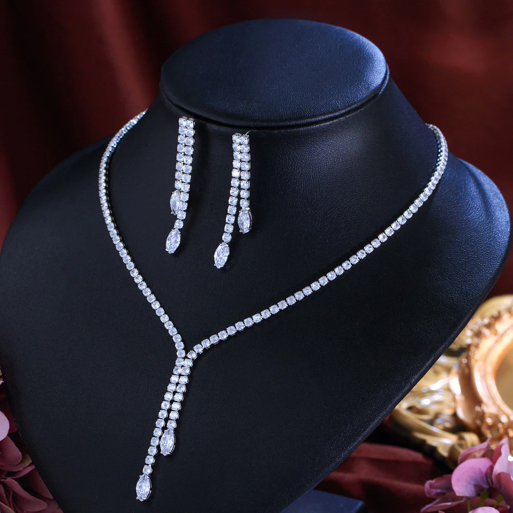 CWWZircons Bling Tassel Drop Zirconia Paved Damen Party Hochzeit Schmuckset Mode Braut Halskette und Ohrringe Großhandel T082 – Detail 5