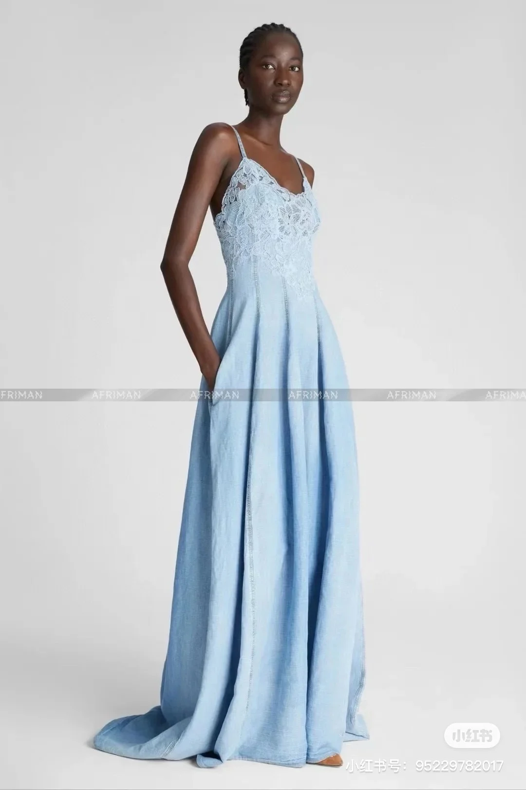 

Women Sexy Strapless V Neck Lace Embroidery Patchwork Maxi Long Denim Sling Dress