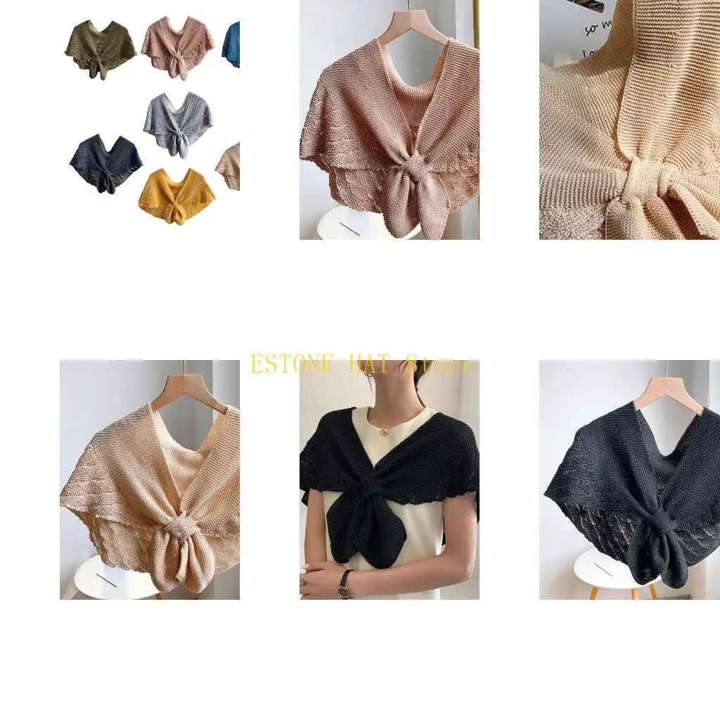 49MF Women Spring Crochet Shawl Wrap Knitted Fish Scales Color Fake Collar Poncho Tie Knot Front Vintage Warm Scarf