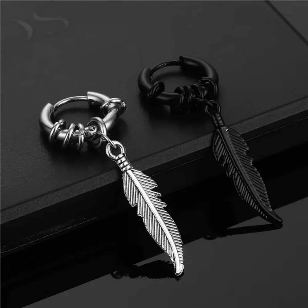 Stainless Steel Retro Punk Style Black Feather Drop Dangle Earrings for Men Women Hip Hop Rock Party Street Jewelry Colorfast