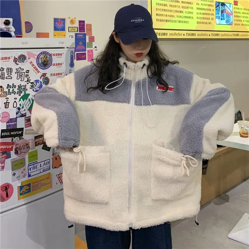 

Lamb Wool Fleece Coats Stand Collar Patchwork Hoodies Korean Loose Y2k Drawstring Sweatshirts Women Jackets Contrast Color Tops