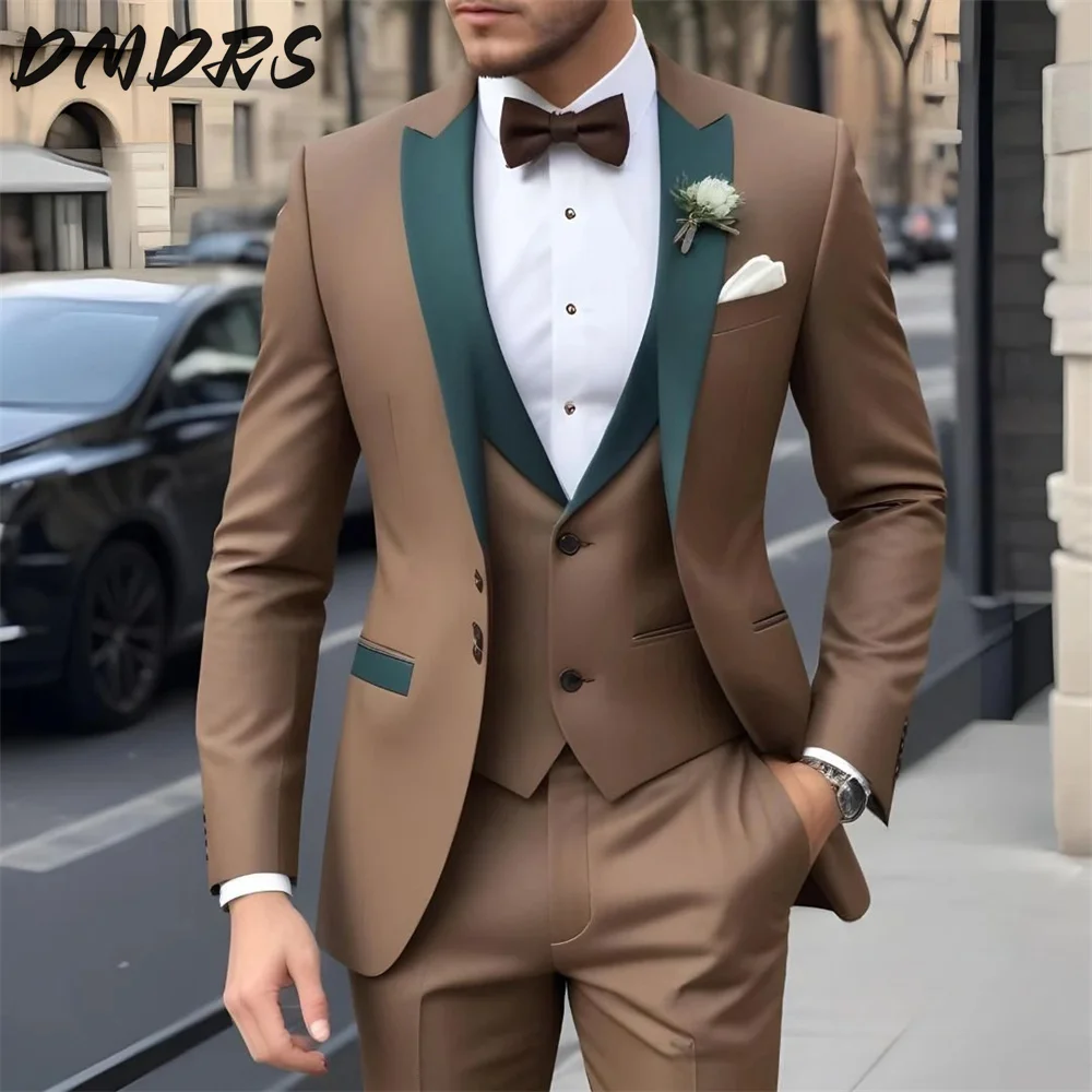 Elegant Brown Men's Suit Jacket Pants Three-Piece Set Classic Business Men Striped Suit Groom Wedding Buckle suit