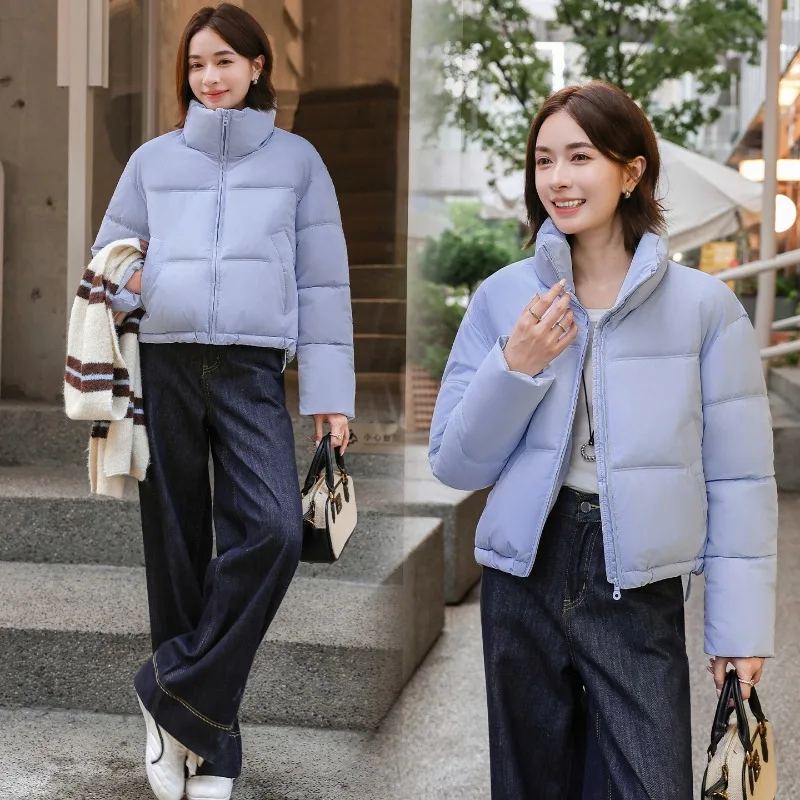 Autumn Winter Ladies Stand Collar Short Jackets Loose Windproof Thick Warm Zipper Pockets Solid Casual Korean Padded Outerwear 2