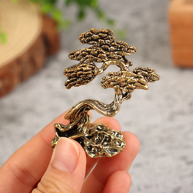 Brass Mini Welcome Pine Figurine Tree Miniature Landscape Small Bonsai Tree Statues Decorations Accessories