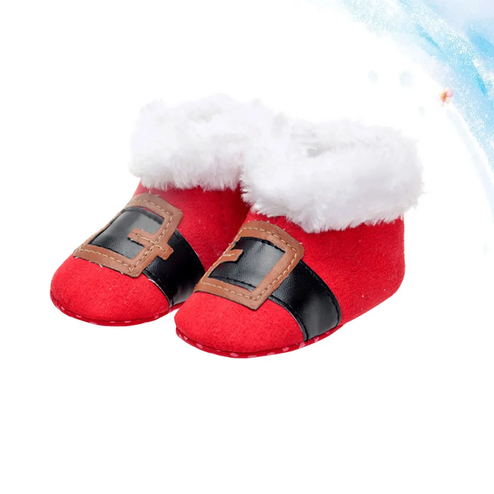 

1Pair Warm Baby Walking Boots Red Coral Fleece Lined Non Slip Sole Christmas Theme Winter Shoes for 0-1 Year Soft Flexible