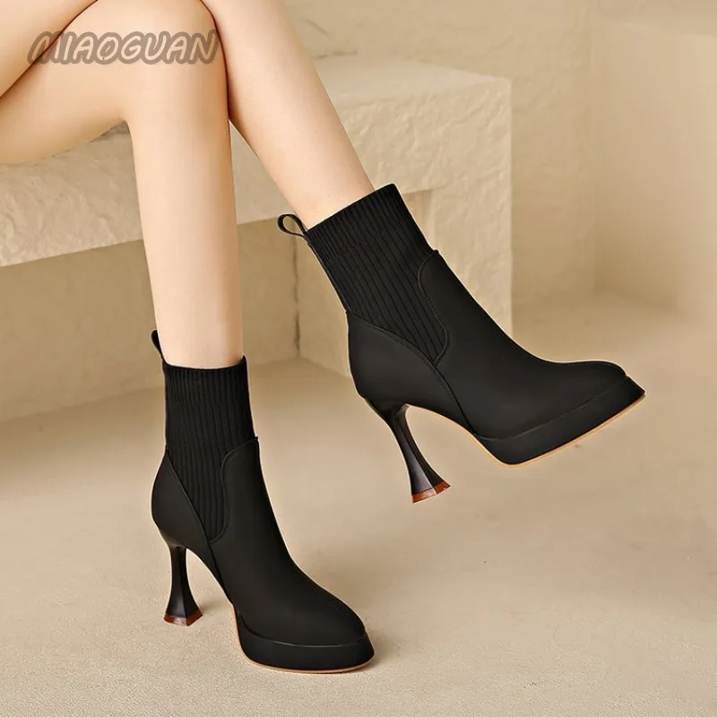 Kurze Damenstiefel mit hohem Absatz, elastischer, schmaler Zehenbereich, ohne Schnürung, Frühling/Herbst_voghion.com