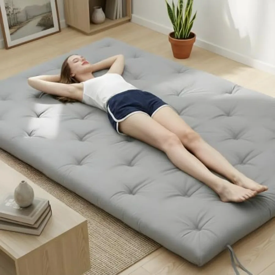 Japanese Futon Mattress Queen Size 80x60 inches Foldable Rollable Floor Bed Soft Comfortable Water-Resistant Ideal for Guests S