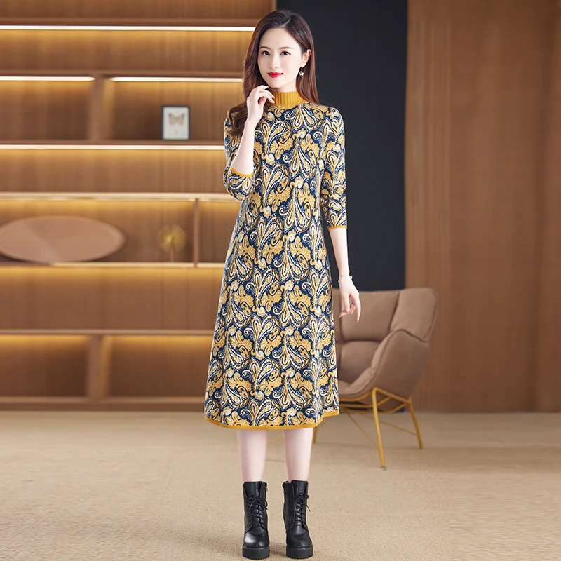 

Large Size Winter Casual Elegant Warm Loose Jacquard Knited Sweater Dress Autumn Women Bodycon O Neck Long Dresses Robe