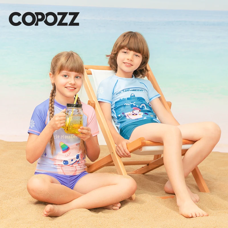 COPOZZ Children's Split Swimwear Short Sleeve Cartoon Sports Swimsuit Surfing Suits Beach Wear  For Boys Girls UV Protection 50+