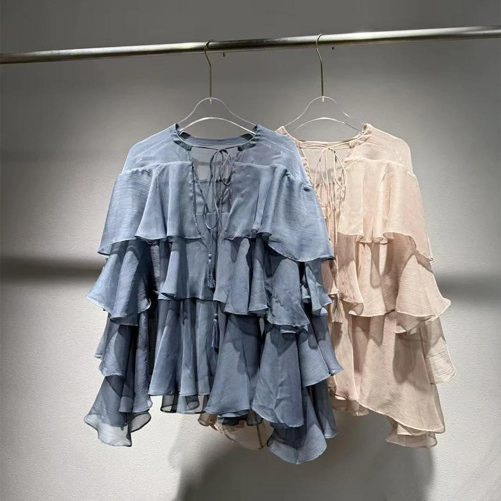 

Women's Ruffled Long-Sleeve Shirt with Tie-Detail and Patchwork Simple and Elegant Loose-Fit Commuter Shirt Top 2026 Spring New