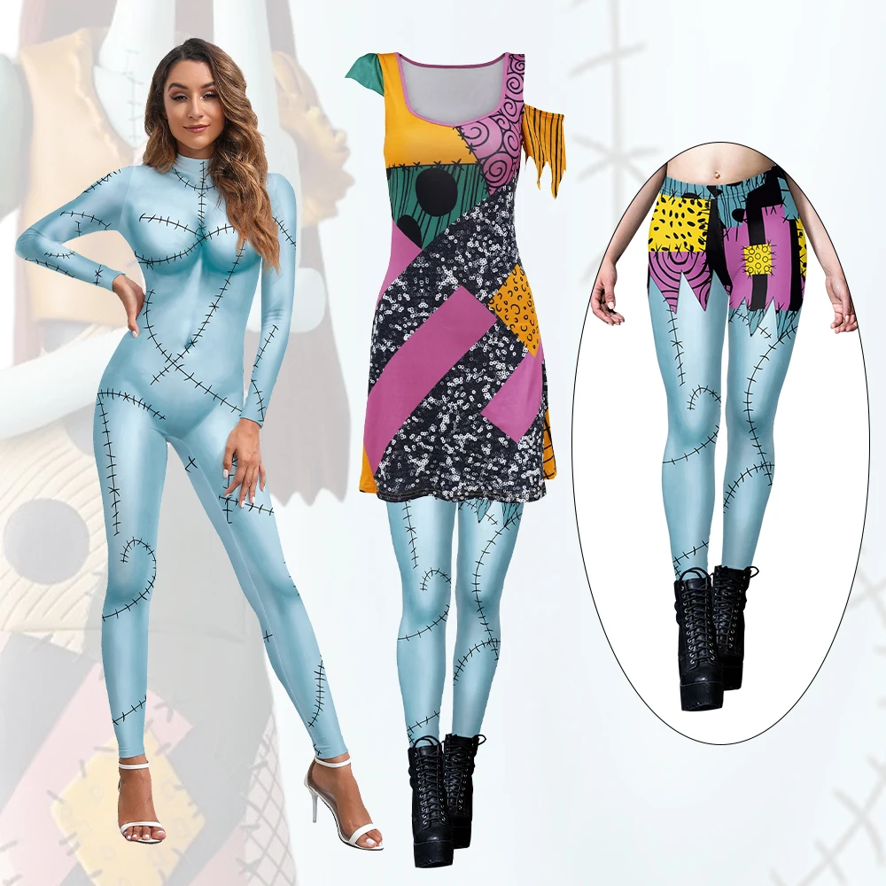 MINISO Adult Woman Disguise Sally Dress Leggings Cosplay Movie Scary Gothic Jumpsuit Role Play Carnival Party Halloween Costumes