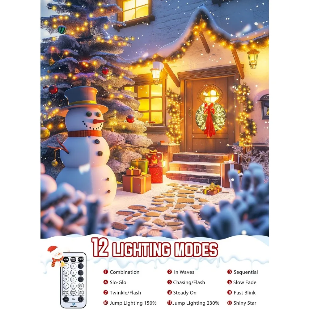 Lumières d'arbre de noël en grappe de 50 pieds, 1000 LED, avec 12 Modes d'éclairage, guirlande lumineuse de pétard d'extérieur, minuterie et contraste à distance