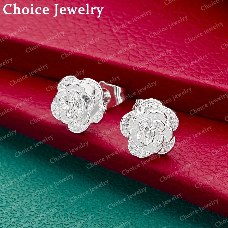 

925 Sterling Silver Rose Flower Stud Earrings For Women Fashion Jewelry Romantic Grace Party Birthday Gifts Wedding