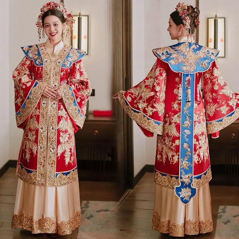 الراقية سلالة مينغ Hanfu Xiuhe فستان الزفاف فستان الزفاف الصيني الجديد المطرزة تاج فينيكس وعرض Xiapi