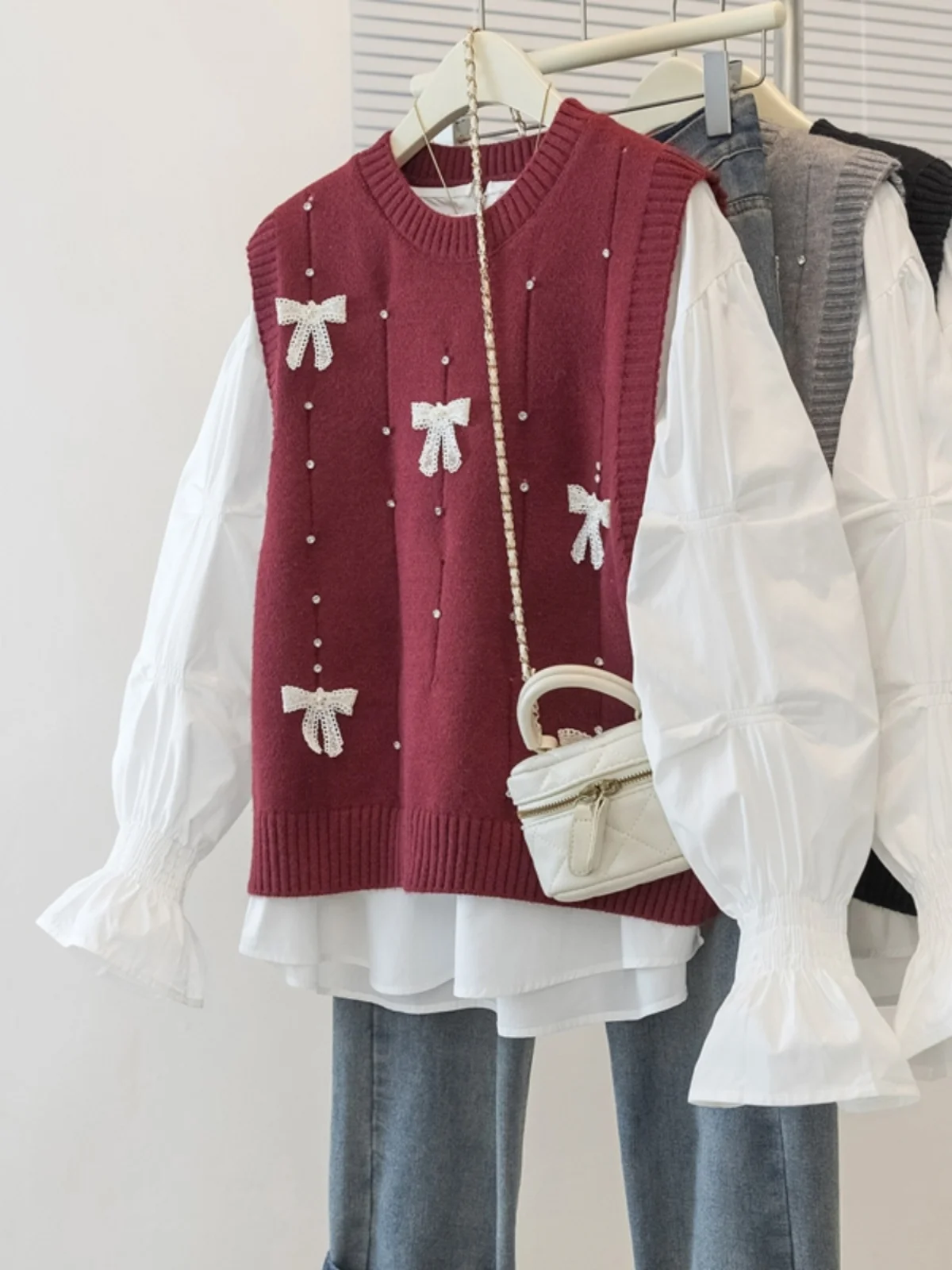 Gray Knitted Vest Women's plus Size Autumn Fashion  Knot Embellished Layering Vest Comfortable Fit round Neck Design