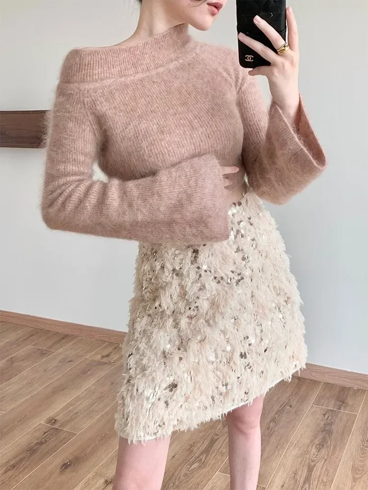 Embroidery Sequins Luxury Feather Warm White Slim-Fit Slimming Fairy Slit Skirt Women Fall Winter New Plush Mid-Length Hip Skirt