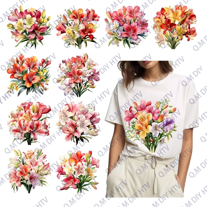 25cm pink lily Clivia heat transfer printing clothing sticker women's T-shirt packaging decoration DIY ironing sticker