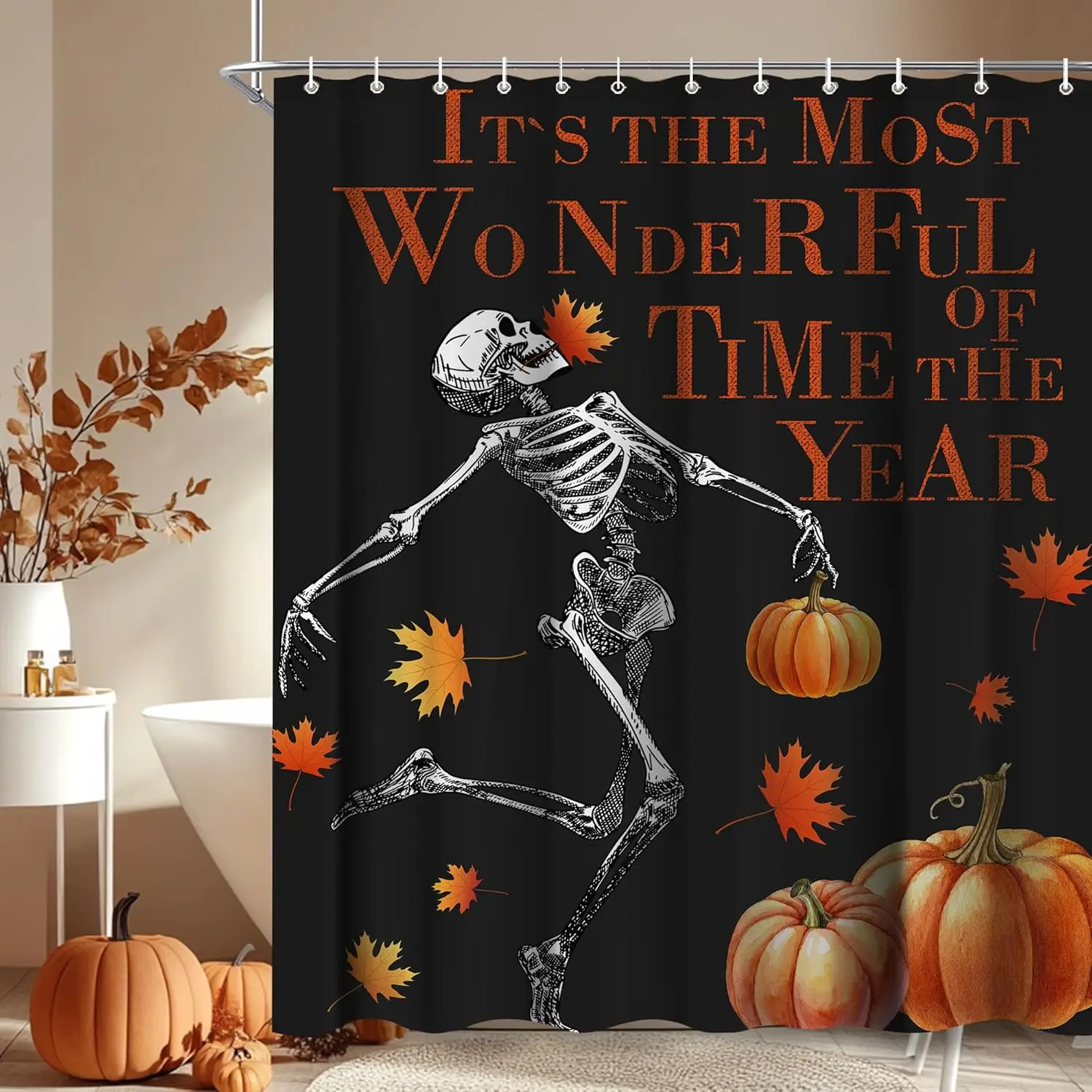 

Забавная занавеска для душа с тыквенным черепом для ванной комнаты, осенняя занавеска для ванны с кленовыми листьями на Хэллоуин