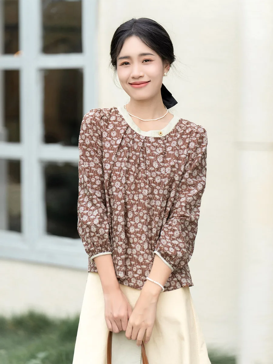 

Pure Cotton Long Sve Women's irt Floral Print Vintage Sle Faionable Top Button up round Ne Warm Spring New Arrival