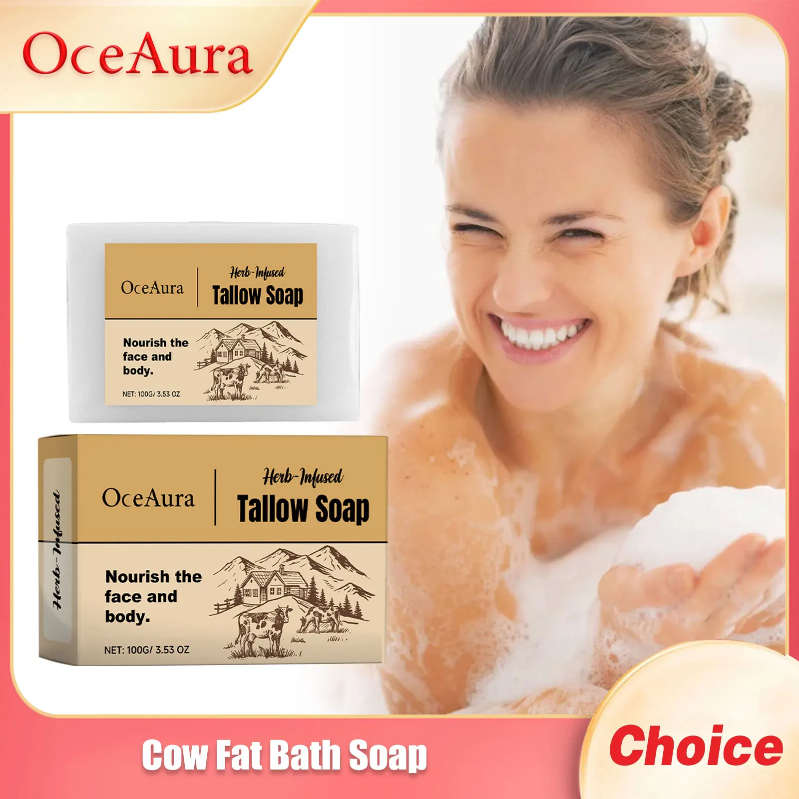 

OCEAURA Cow Fat Bath Soap Deep Clean Enhance Elasticity Firm Skin Exfoliate Wh-Iten Eliminate Odors Milk Flavored Body Bath Soap