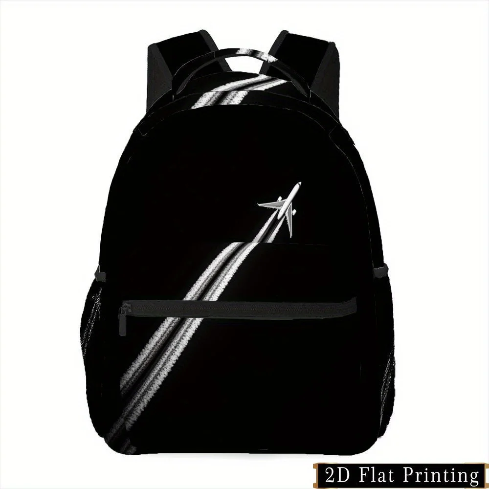 1pc Special Black and White Airplane Print Zipper Backpack Multi-Purpose Commute Fitness Travel Shopping Bag