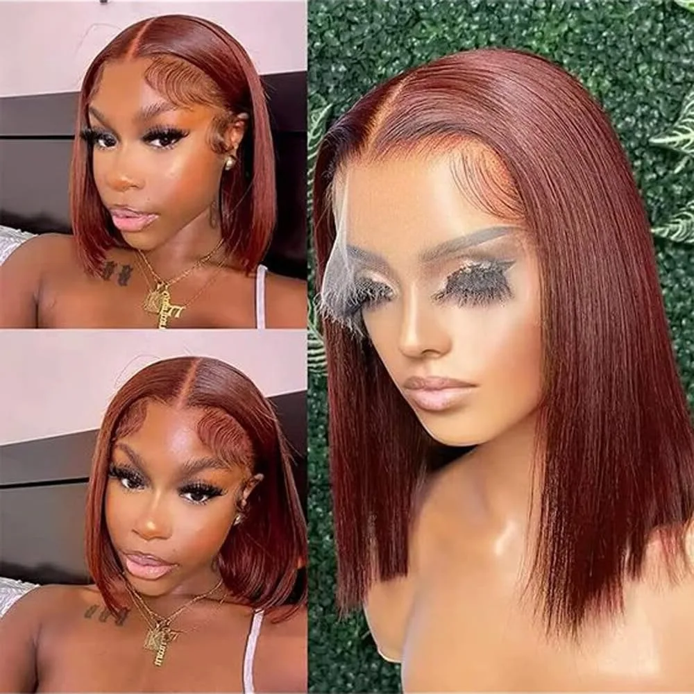 Reddish Brown Short Bob Wig Human Hair 13x4 Lace Front Wigs Pre Plucked with Baby Hair Brazilian Virgin Hair 180% Auburn Brown