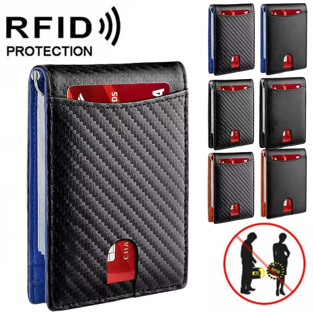 Carteira fina de bloqueio RFID para homens, antidigitalização com grampo de dinheiro, titular do cartão de crédito ID, bolso frontal, couro genuíno, fina, pequena