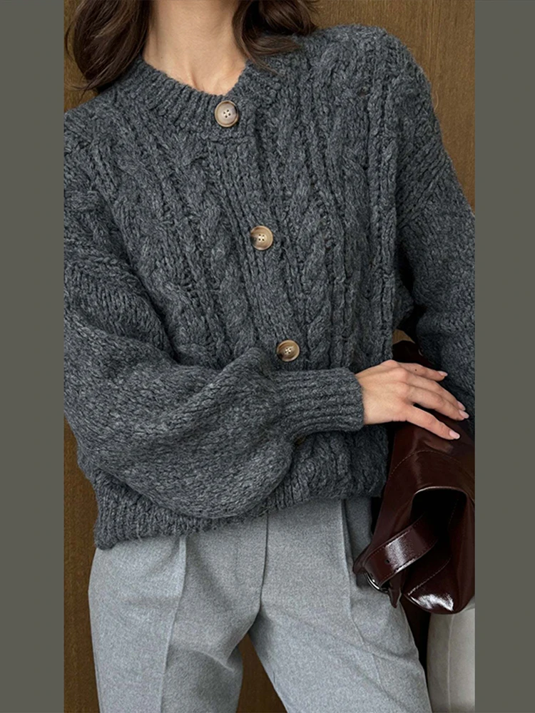 

Casual Solid Twist Knitted Cardigan Women Round Neck Full Sleeve Button Short Loose Sweater Lady Autumn Daily Commute Pullovers