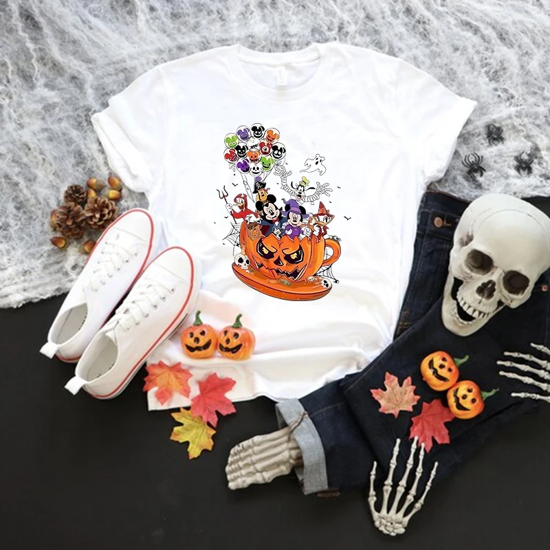 

Черная футболка Disney с Микки, женская одежда, топ с короткими рукавами, женская уличная одежда со скелетом на Хэллоуин, топы, футболки с тыквой