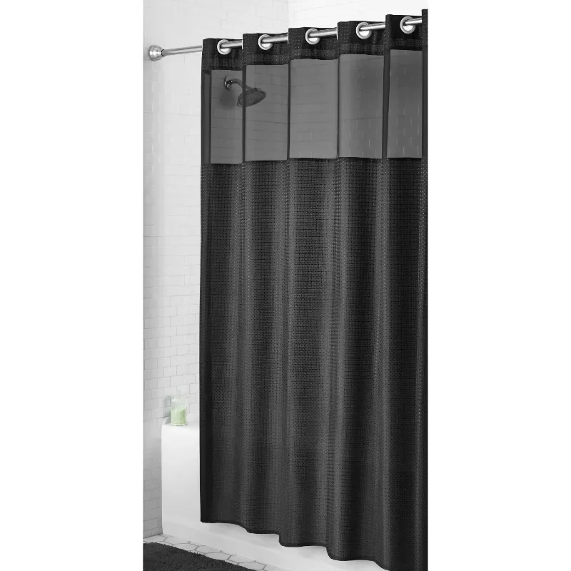 

New Upgrade Easy Hang Gemma Fabric Shower Curtain with Built-in Rings, 70" x 74", Black