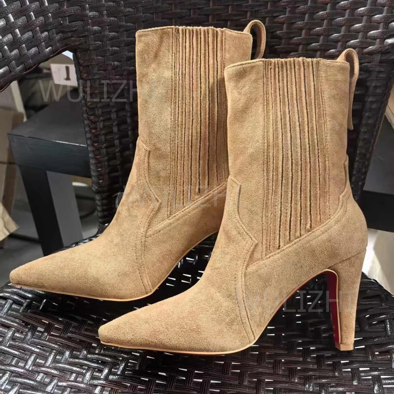 

Suede Khaki Brown Kitten Heels Women Calf-Length Pointed-Toe Red Sexy Aniline Booties Striped Pattern Pointed-Toe Casual Shoes.