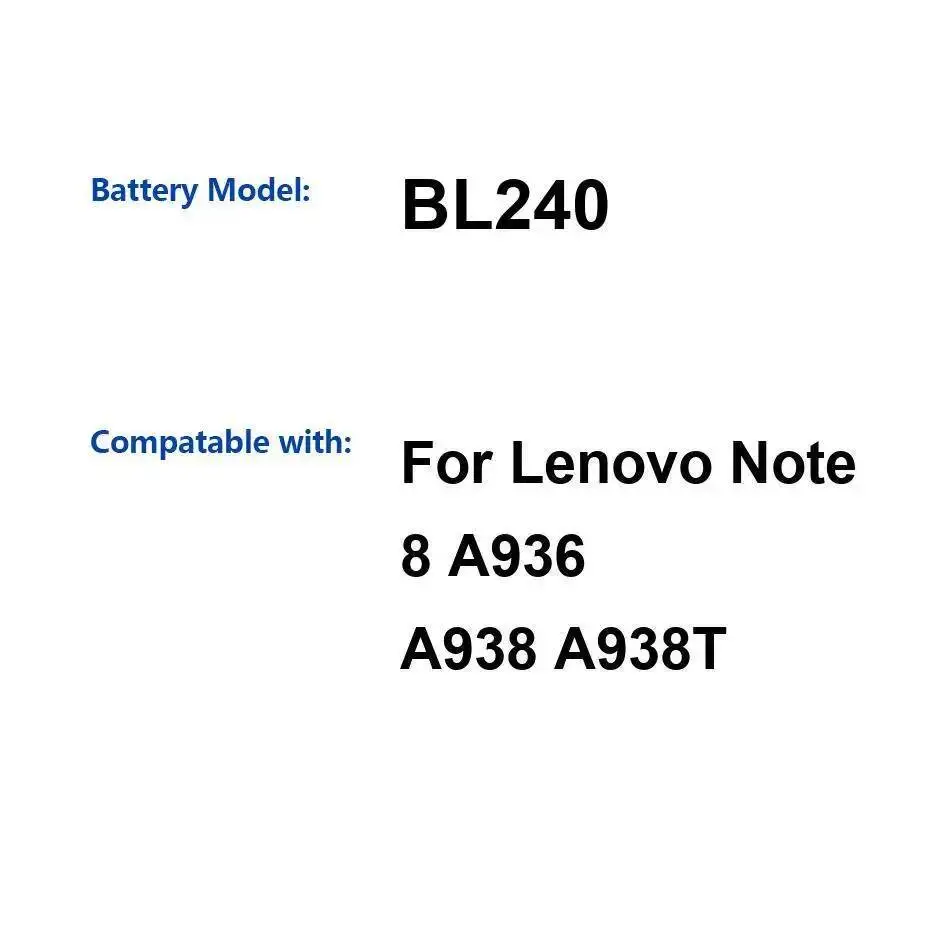 

Долговечный аккумулятор для мобильного телефона 3300 мАч BL240 для Lenovo Note 8 A936 A938 A938T