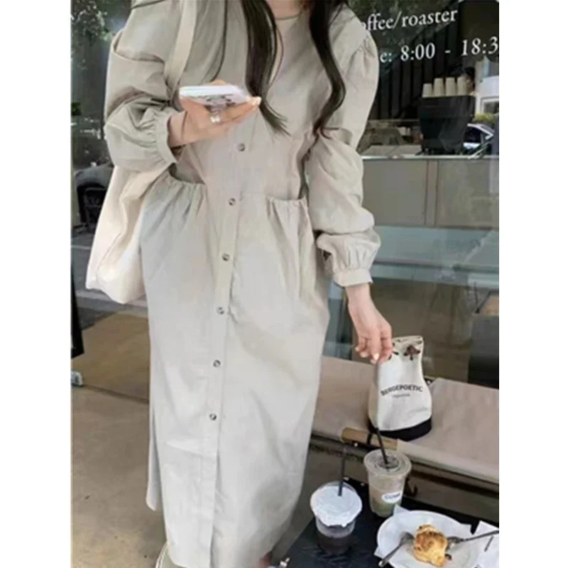 REALEFT Autumn Winter Single Breasted Women's Shirt Dresses 2025 New High Waist Long Sleeve Elegant Korean Dress Pockets Female
