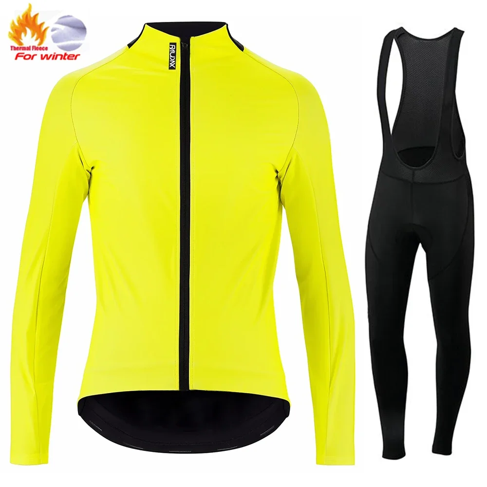 Raudax Fluorescein Winter Hot Wool Cycling Suit Men Cycling Jersey Set Outdoor Sportswear MTB Bike Uniform Cycling Kit Triathlon