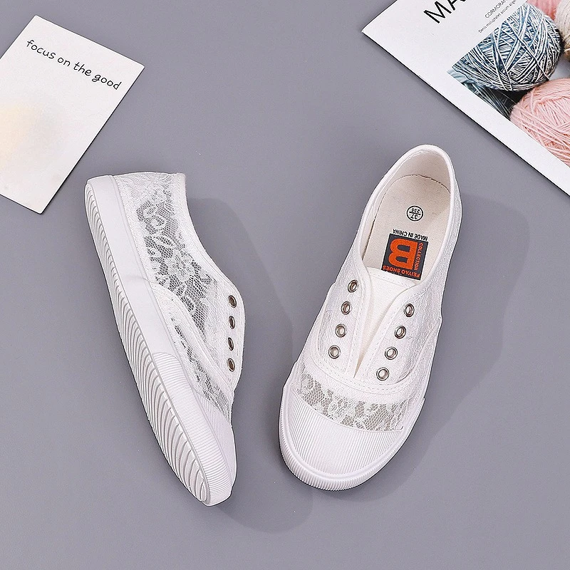 Women's Lace Hollow-Out Canvas Flats Breathable White Ballet-Inspired Sneakers Comfortable All-Match Footwear Lightweight Shoes view 4