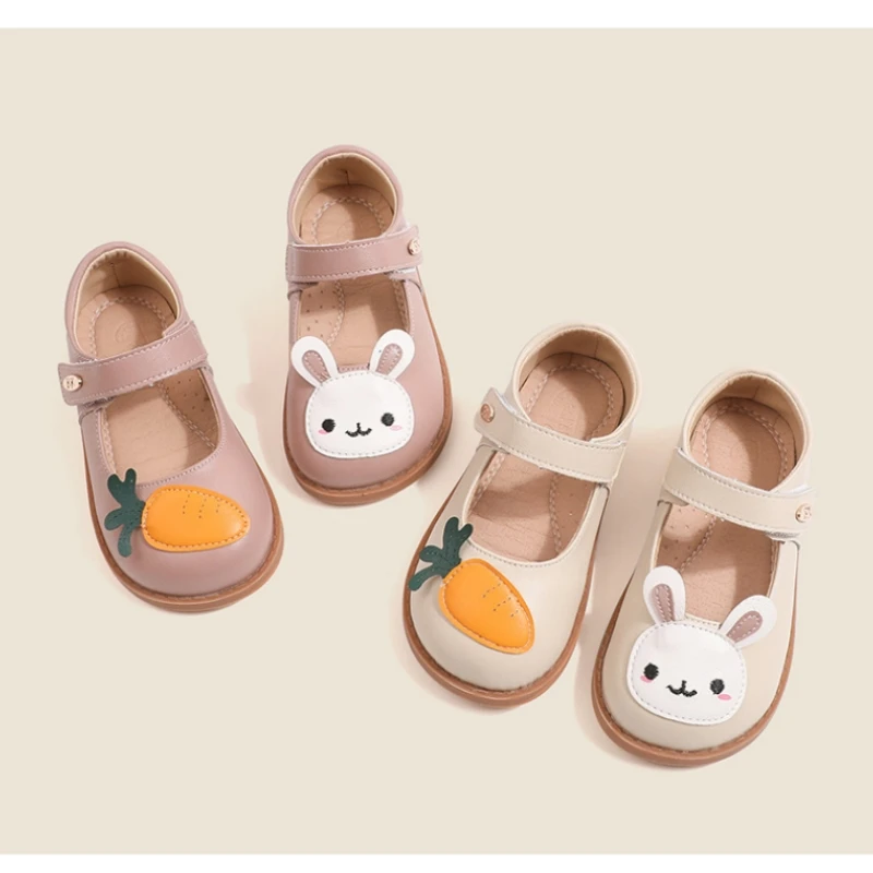 Autumn Genuine Leather Cartoon Rabbit Carrot Baby Girls\' Flat Shoes High Quality Arch Insole Little Kids Mary Jane Shoes