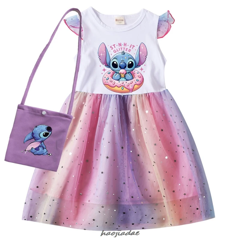 Cute Girl Dress Birthday Lilo And Stitch Girls Princess Print Cartoon Children Casual Clothes Gauze Dresses Kid Baby Gifts Sets