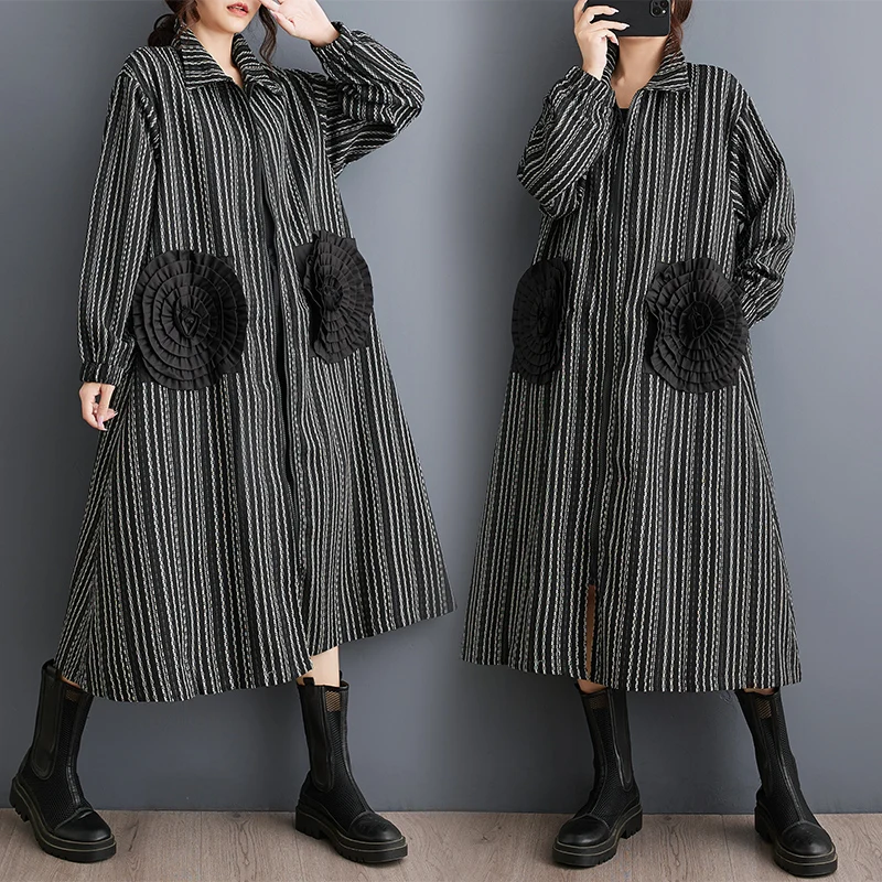 

Faionable plus Size Women's Midi Length Windbreaker Floral Tied Hemline Striped Pattern All-Match Spring Autumn Dr Coat