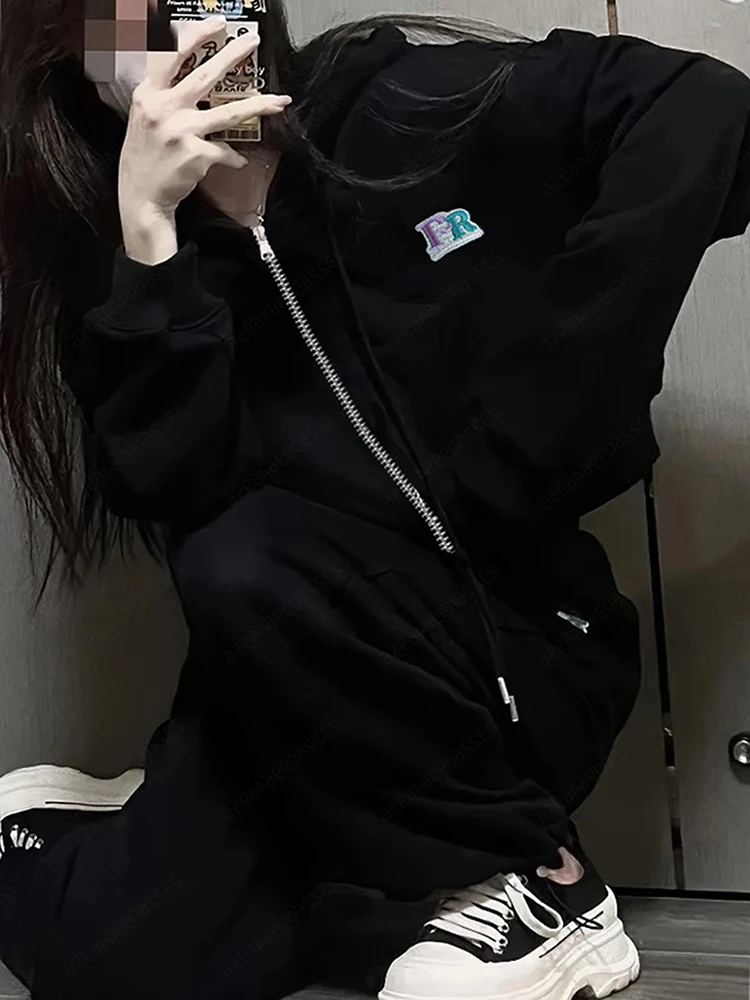 Conjunto de sudadera de manga larga con cremallera para mujer, conjunto de dos piezas holgado y versátil de estilo coreano para estudiantes, ajustado, a la moda, primavera y otoño