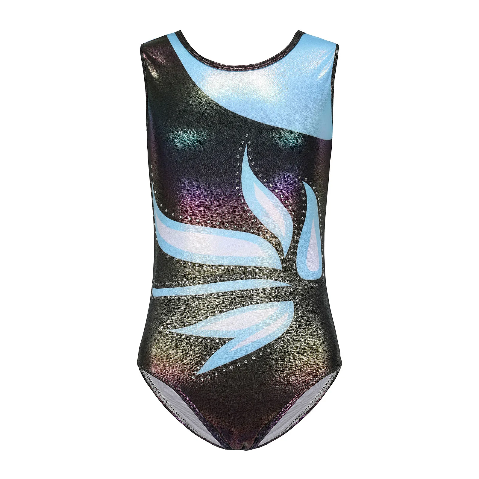 

Girls Gymnastics Outfit U Back Sleeveless Ballet Leotard Sparkly Rhinestones Color Block Printed Bodysuit for Ballet Training