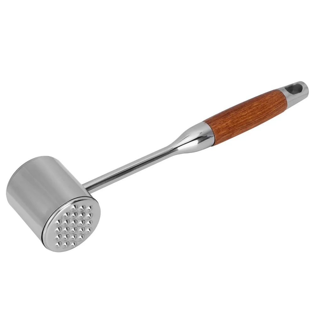 304 Stainless Steel Meat Tenderizer Tool Silver Brown Wood Handle Meat Pounder Tenderizer Hanging Loop Durable Meat Hammer