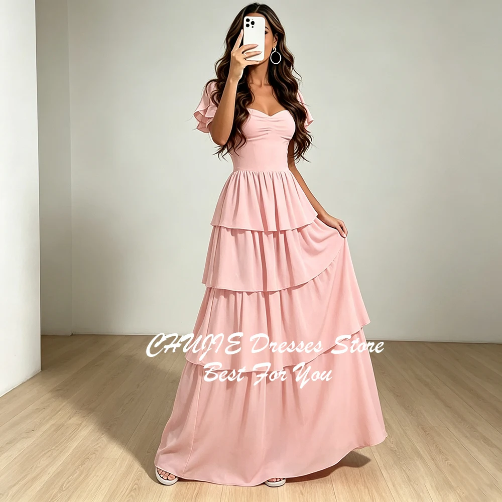 Pink Tiered Evening Dress Short Sleeves Long Prom Dresse A Line Vestidos De Noche Formal Wedding Gown Customized Вечернее платье