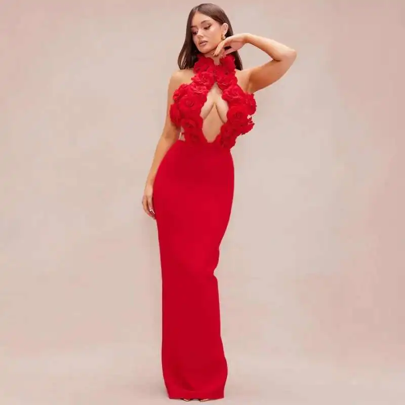 فستان سهرة طويل مثير برقبة رسن من LEOSOXS مزين بالورود ثلاثي الأبعاد فستان ضيق بتصميم أنيق بدون ظهر للمناسبات الرسمية