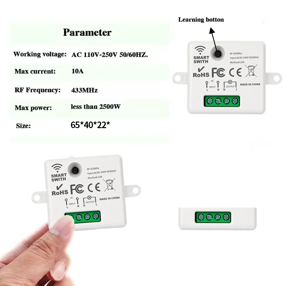 RF433Mhz العالمي لاسلكي للتحكم عن بعد مفتاح الإضاءة AC110V 220 فولت 10A 500 متر التتابع وحدة صغيرة الارسال لمروحة المصباح LED