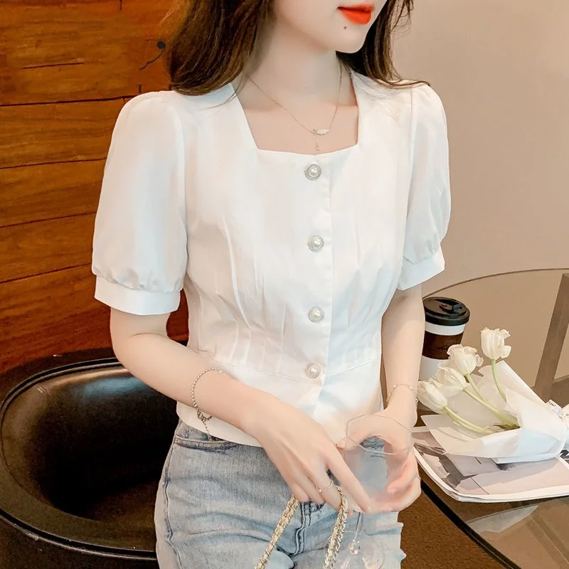 2024 Summer New Women\'s Blouse Square Collar Button Folds Short Sleeve Fashion Minimalist Sweet Slim Solid Color Shirt Tops